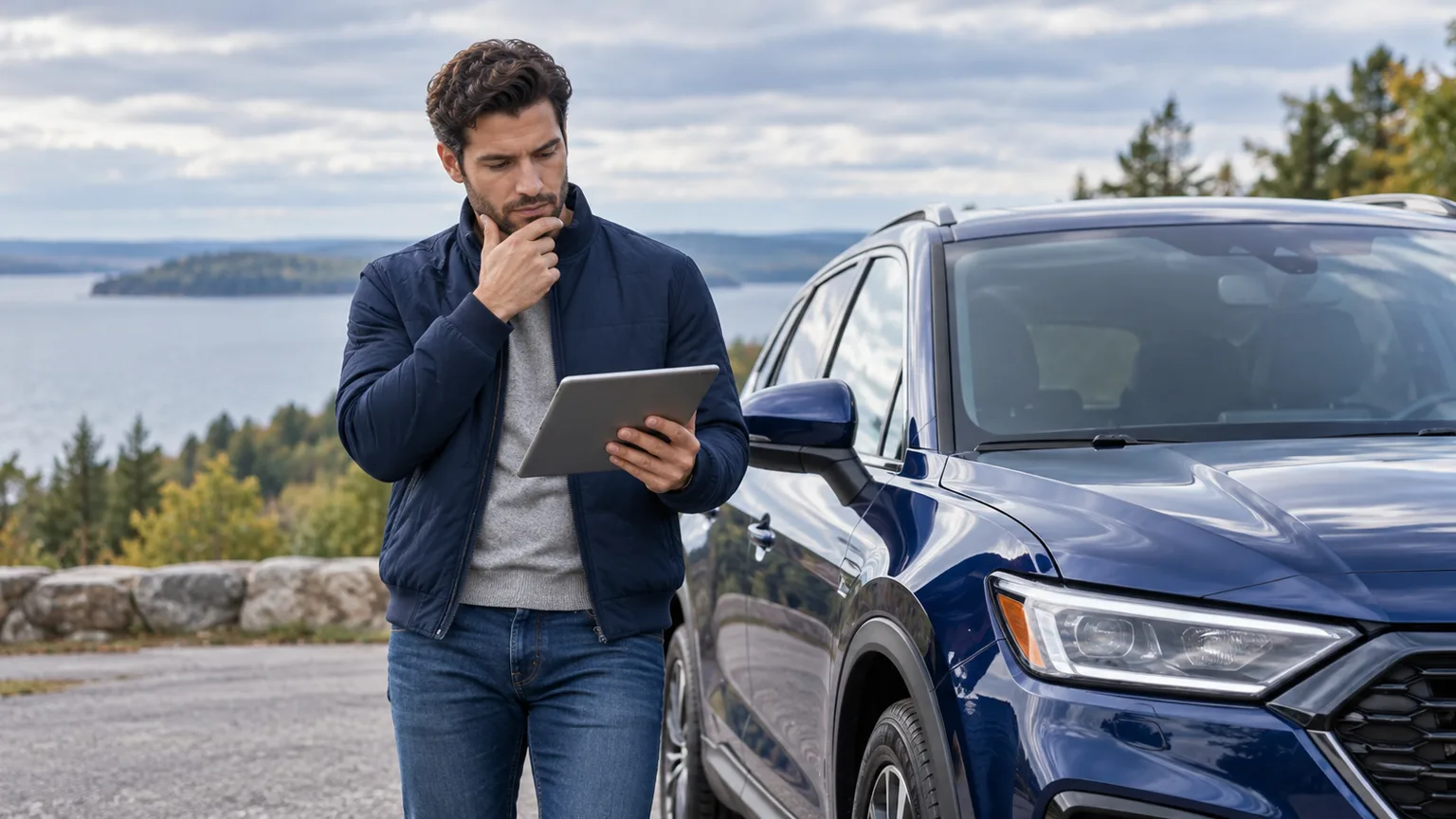 Michigan buyer reviewing a vehicle purchase calculation beside a blue car