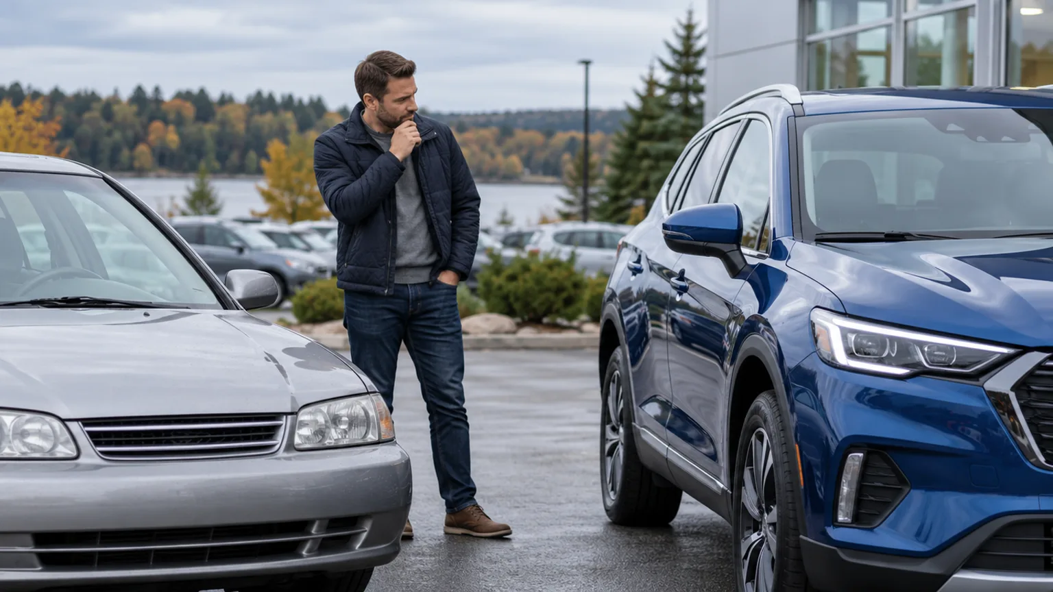 Michigan car owner comparing an older trade-in with a newer blue vehicle