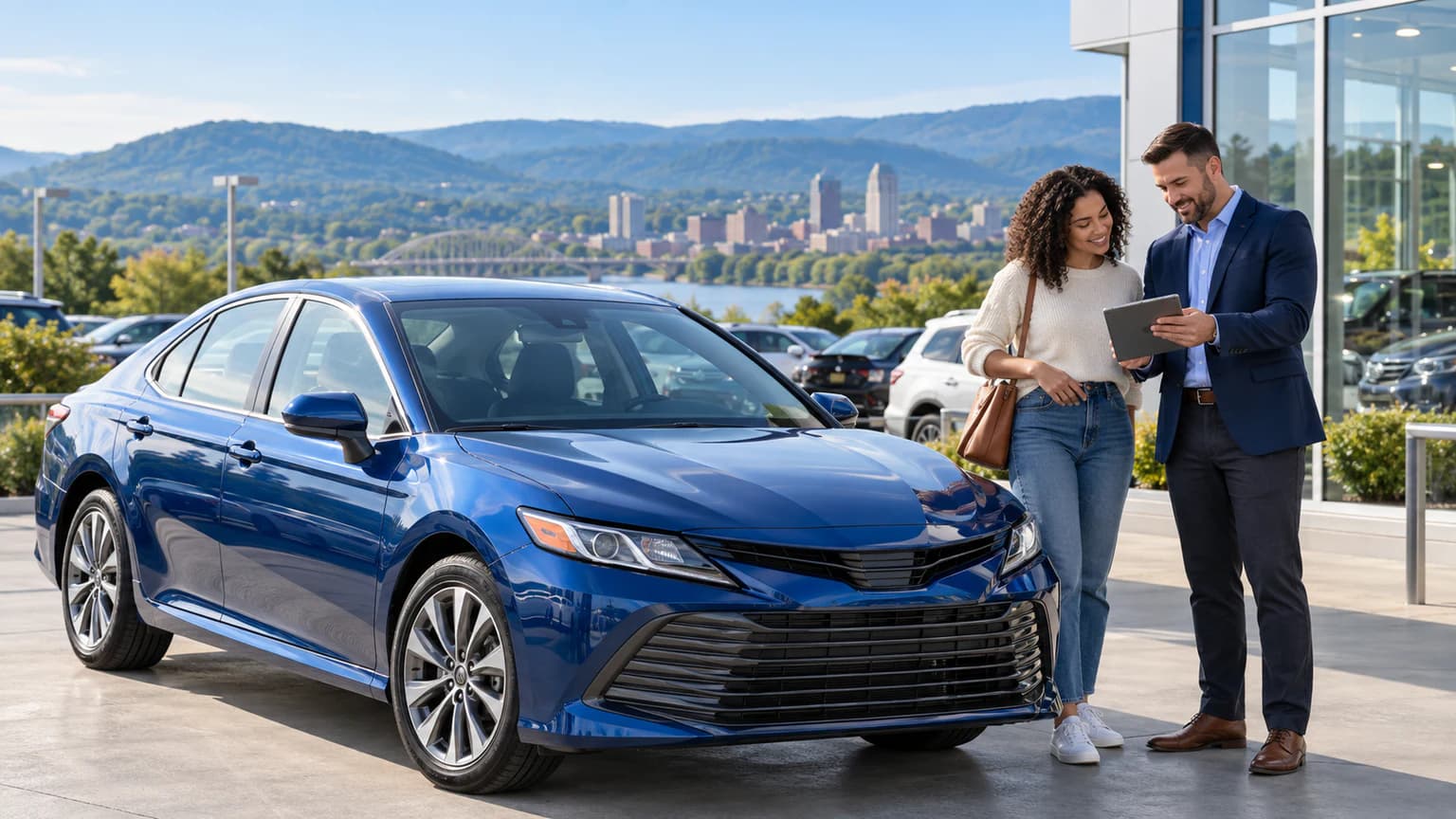 Pennsylvania car buyer reviewing vehicle sales tax beside a blue sedan