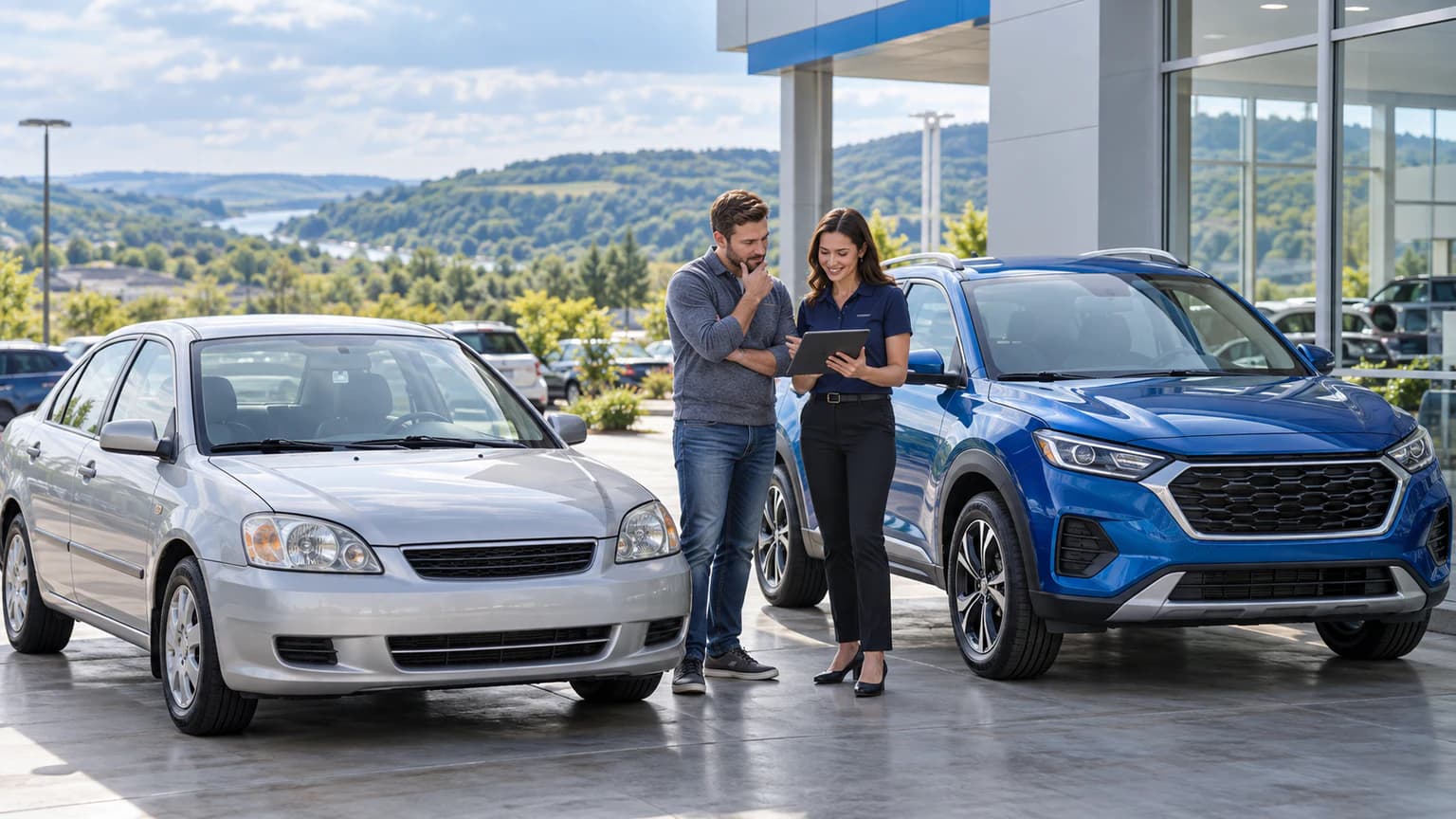 Pennsylvania buyer comparing an older trade-in with a newer blue vehicle