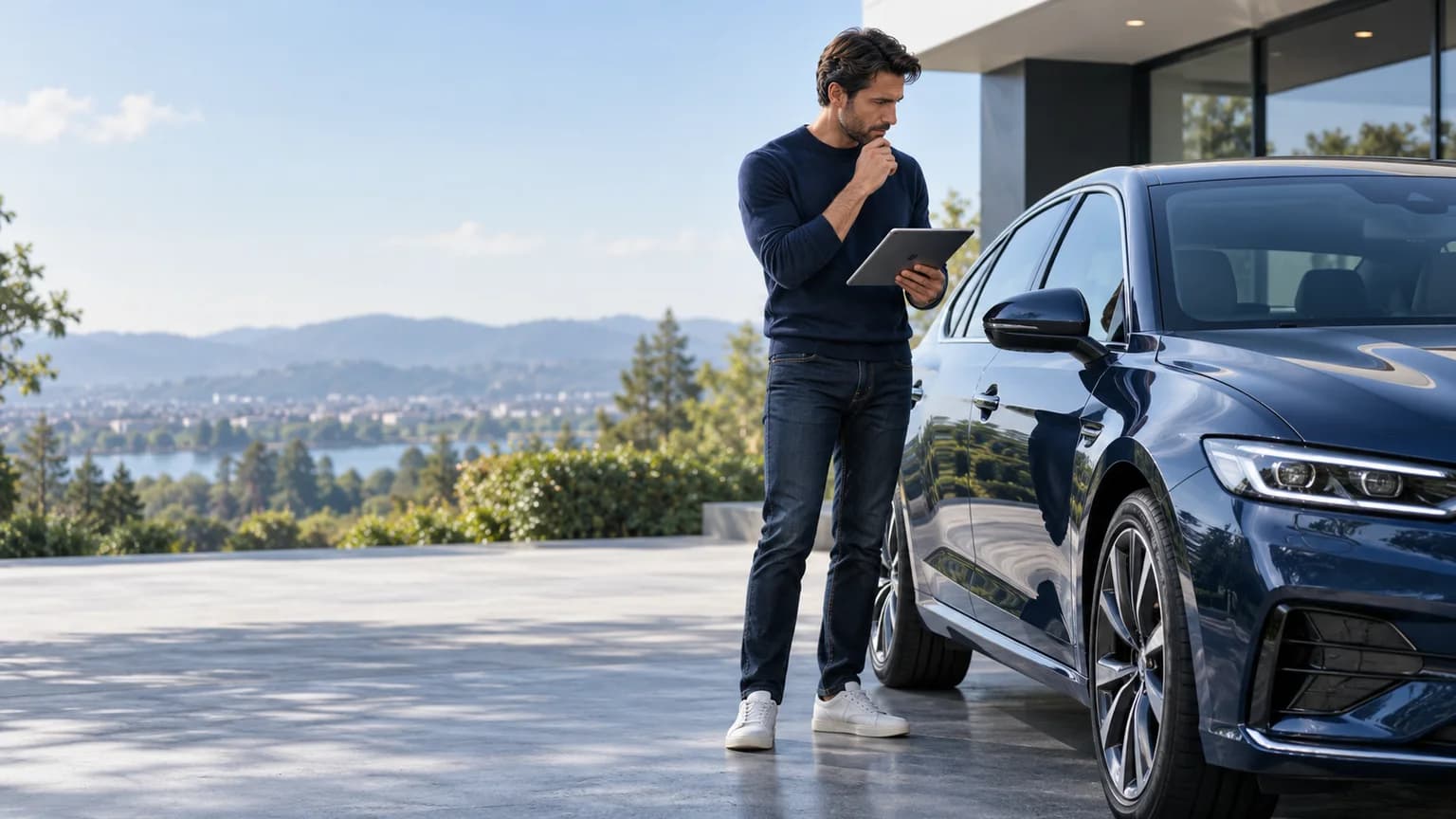 Driver considering a lease-end purchase beside a vehicle