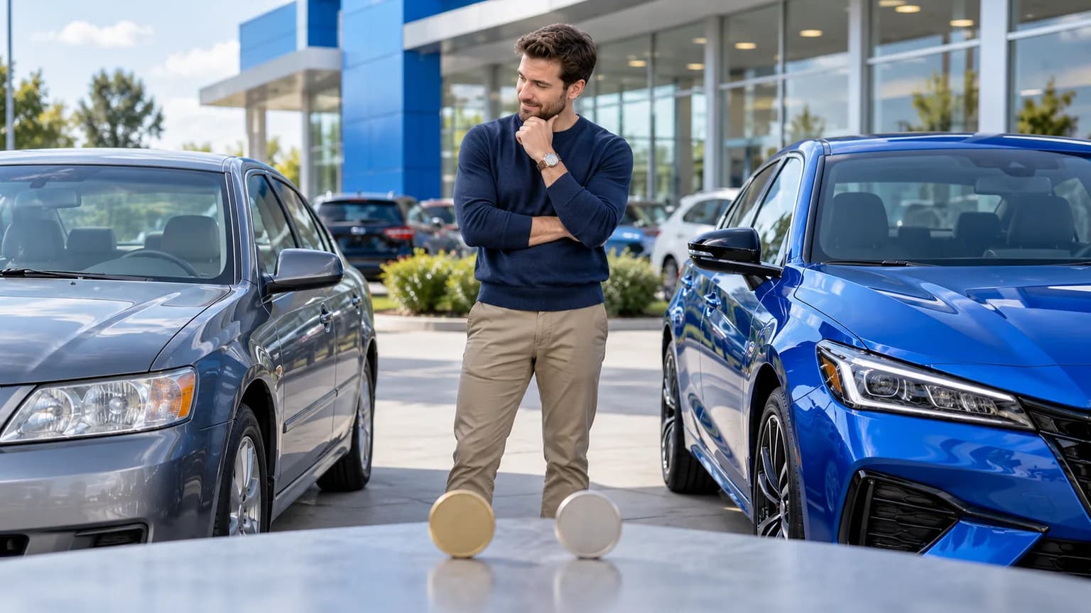Buyer comparing a current sedan with a newer blue vehicle