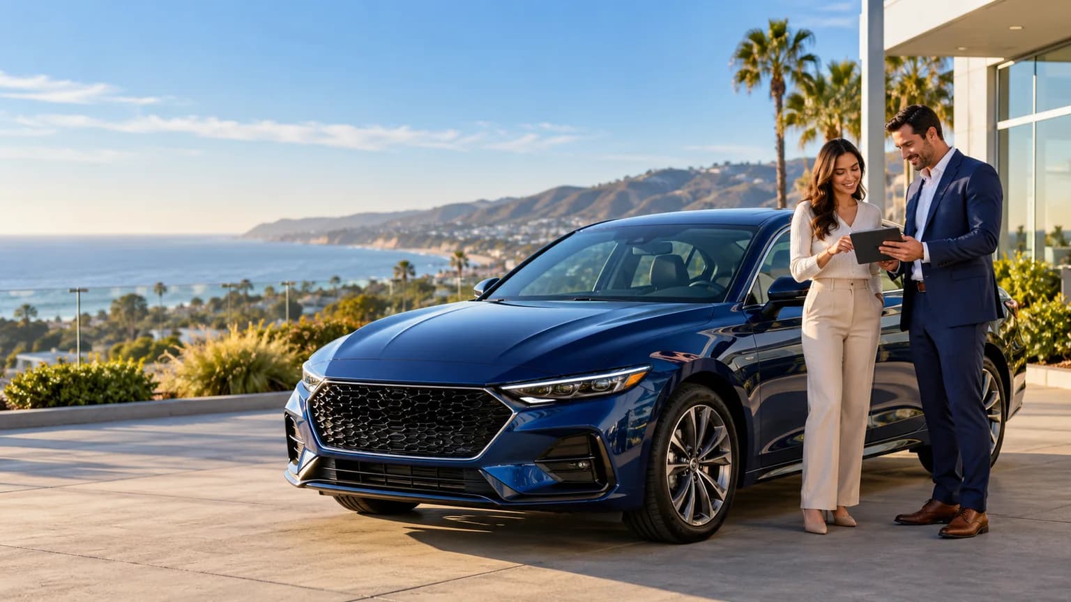 California car buyer reviewing a vehicle purchase with a sales professional