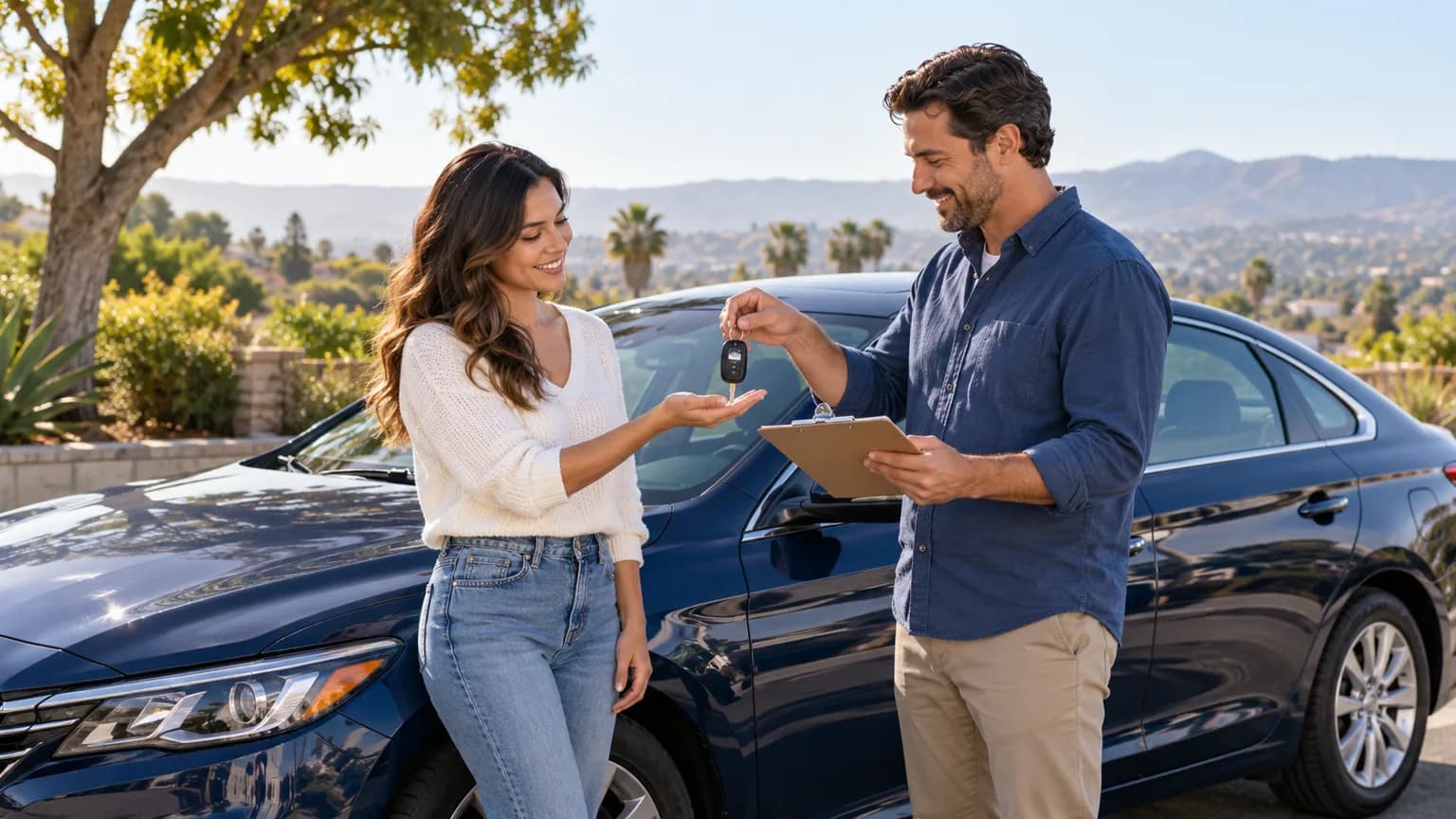 Private-party California car buyer receiving vehicle keys while reviewing an ownership transfer