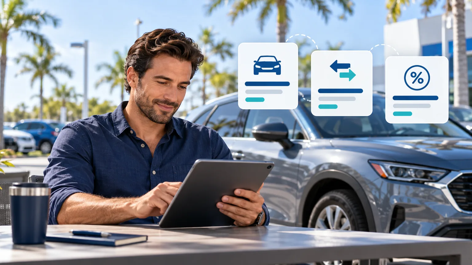 Car buyer reviewing vehicle price, trade-in, and tax information beside a car