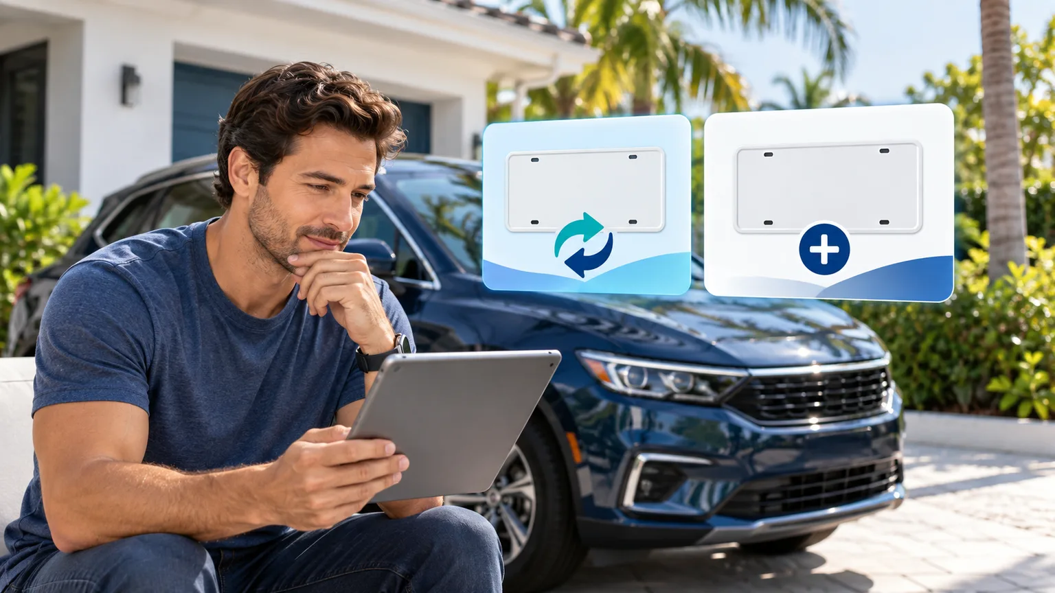 Driver comparing an eligible plate transfer with getting a new license plate