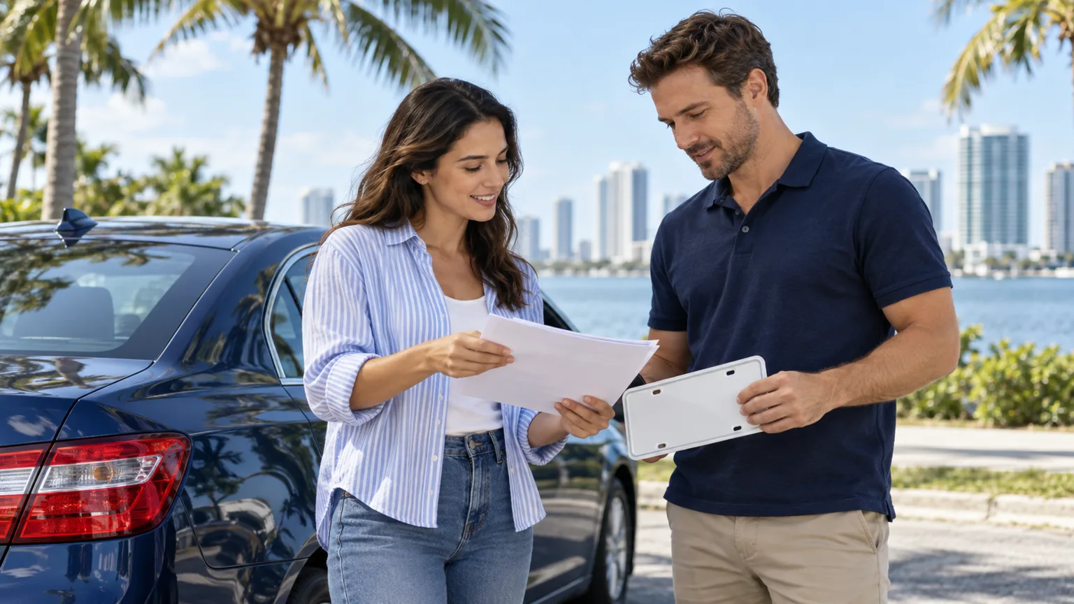 Florida vehicle buyer and seller reviewing transfer paperwork beside a car
