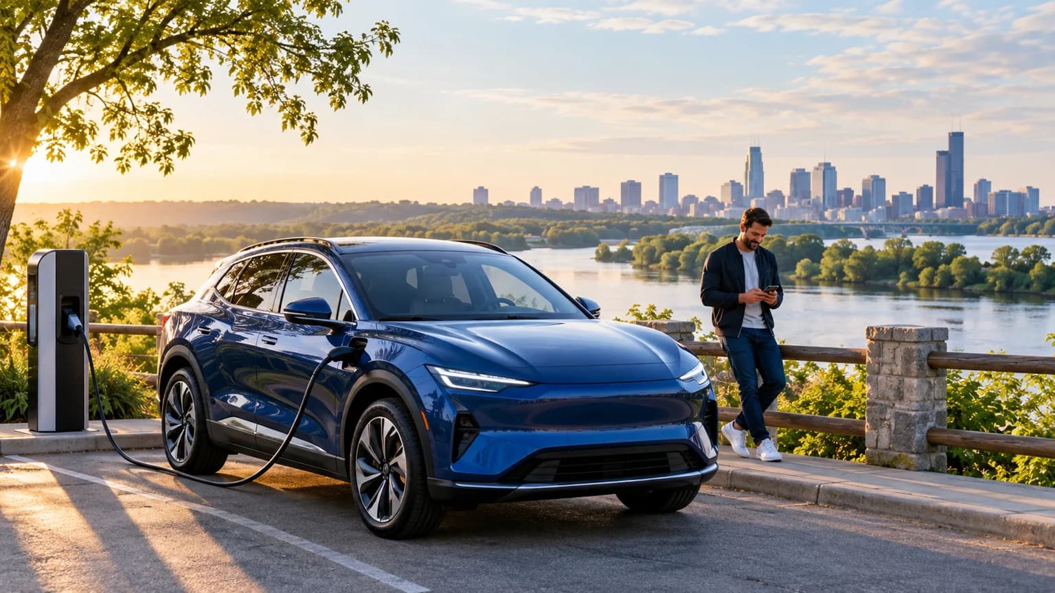 Blue electric vehicle charging at an Illinois riverside overlook