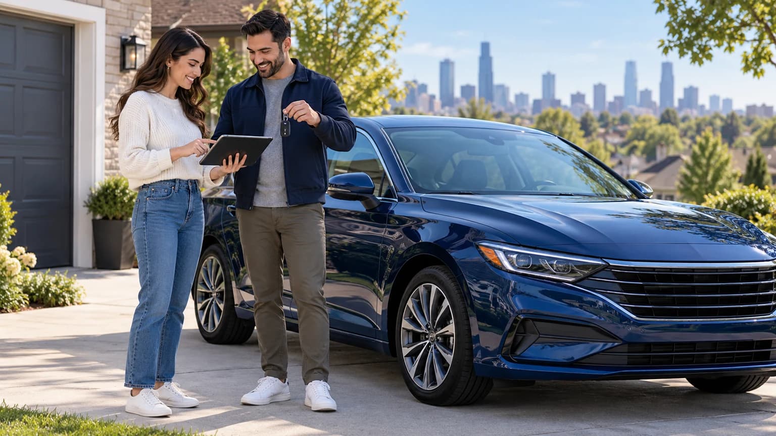 Illinois private vehicle buyer receiving keys beside a blue sedan