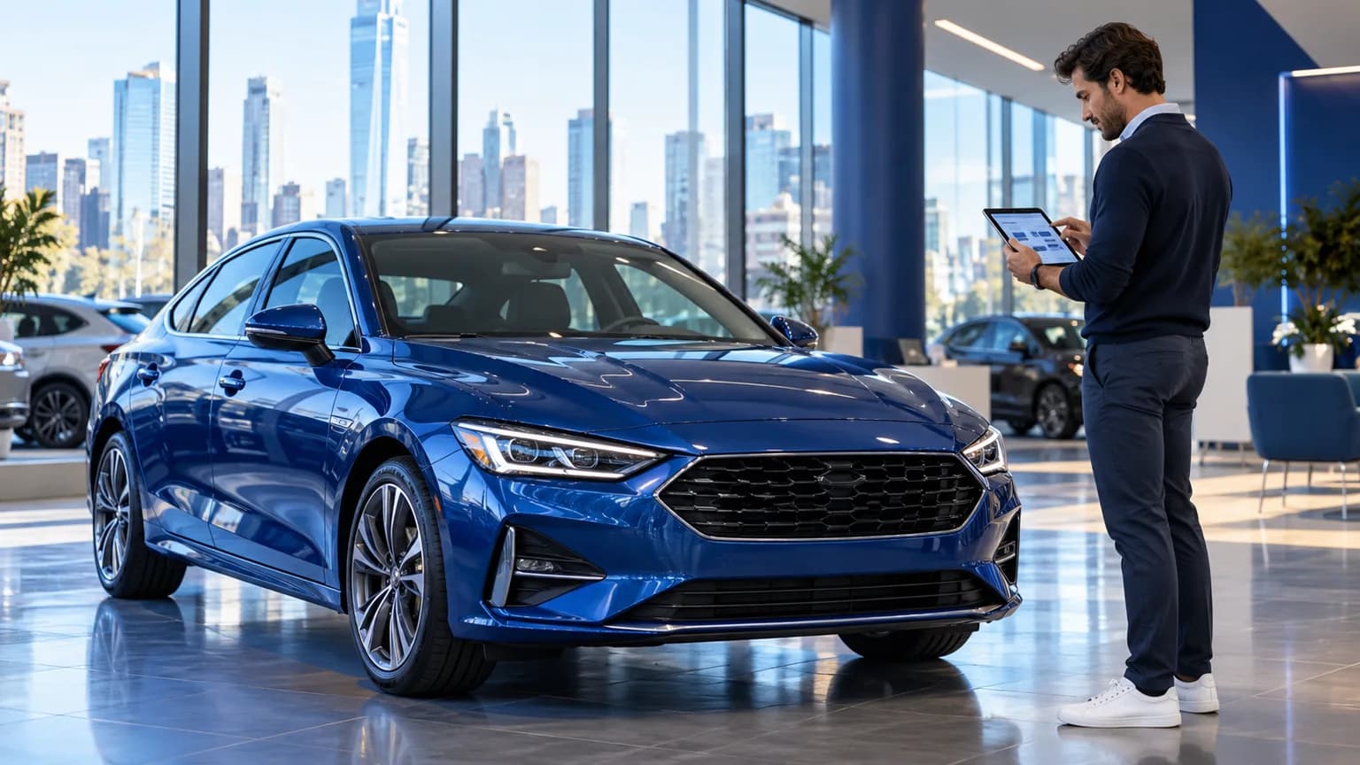 New York car buyer reviewing vehicle sales tax for a blue sedan