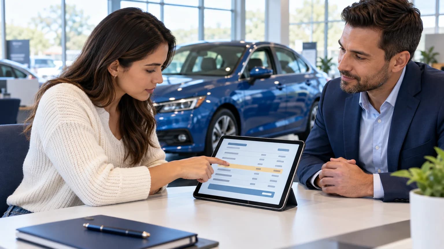 New York car buyer carefully reviewing an itemized dealer quote beside a blue sedan