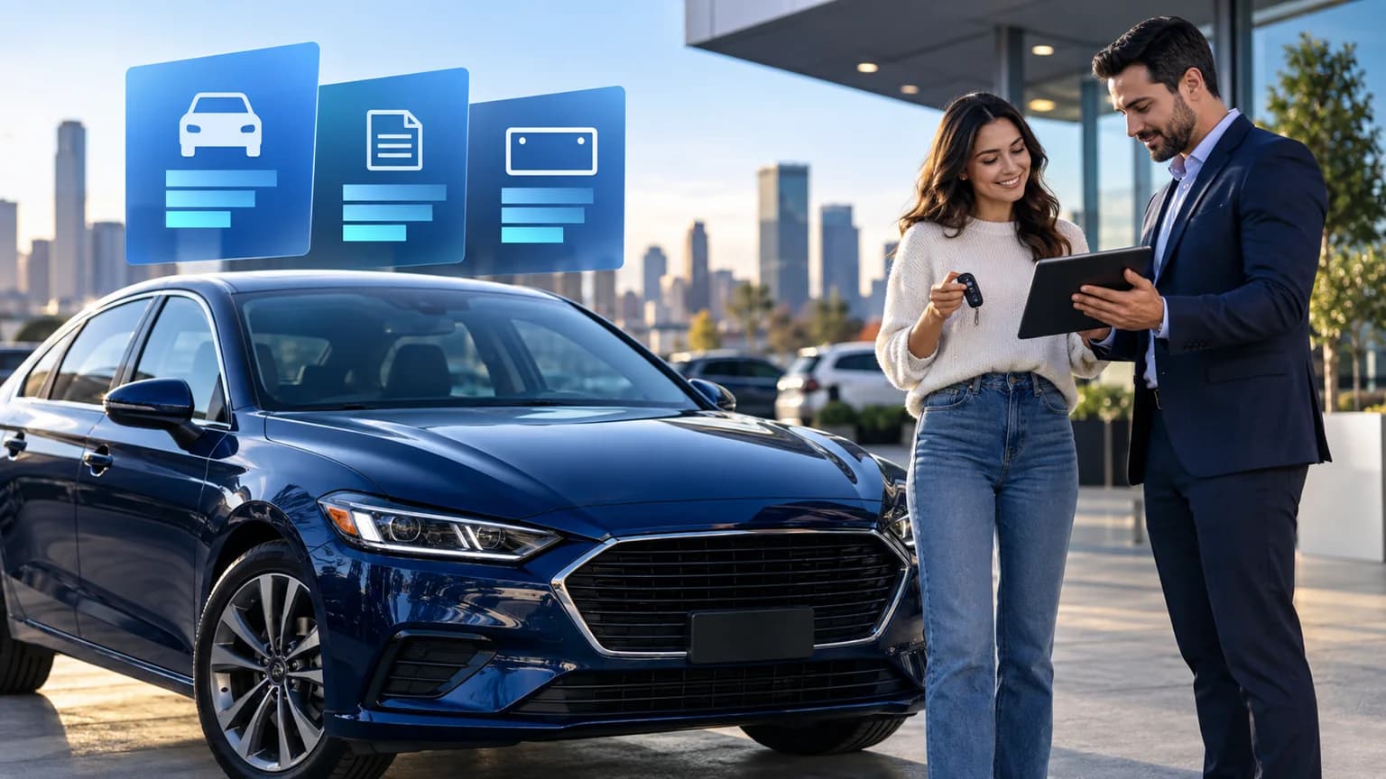 New York vehicle buyer reviewing tax, title, and license costs beside a blue car