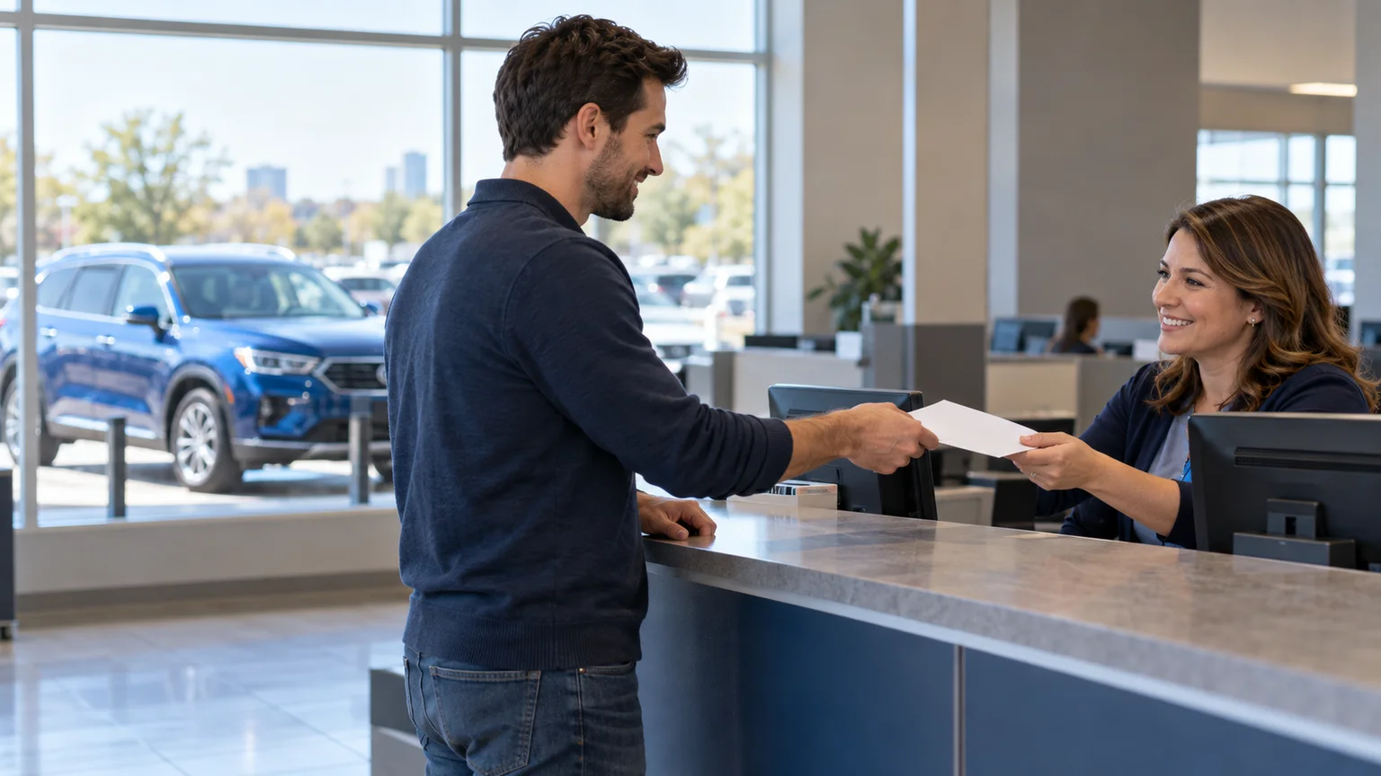 Ohio buyer handing a vehicle title application to a service clerk with a blue car outside