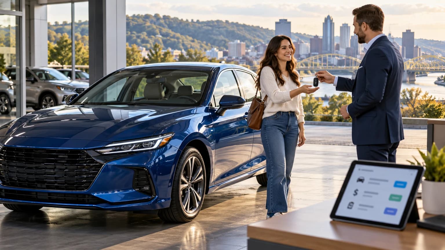 Pennsylvania buyer receiving keys for a blue car after reviewing purchase costs