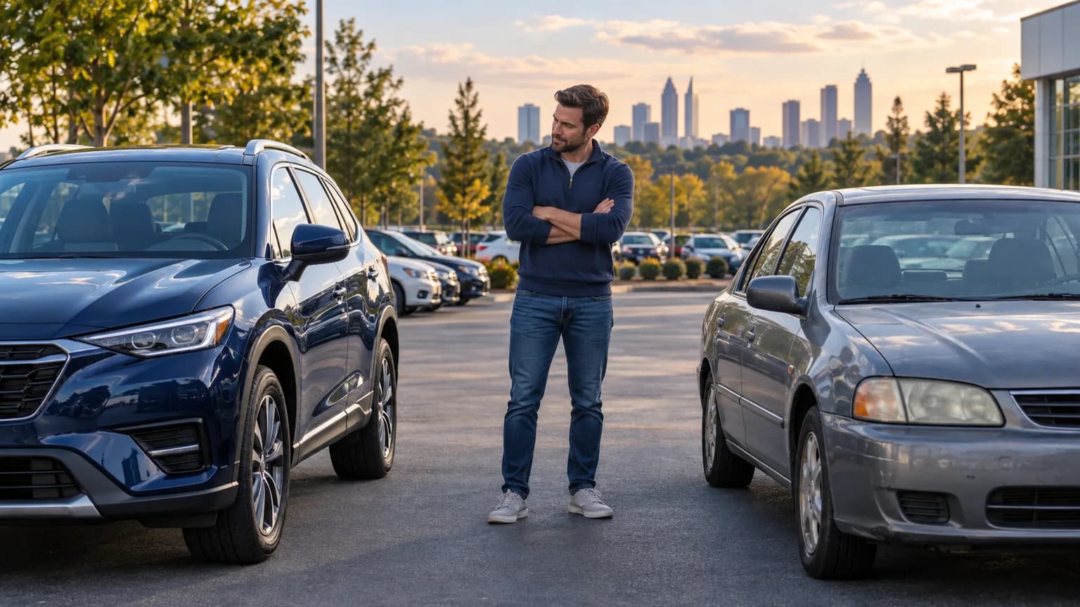 Buyer comparing a blue crossover with an older trade-in car