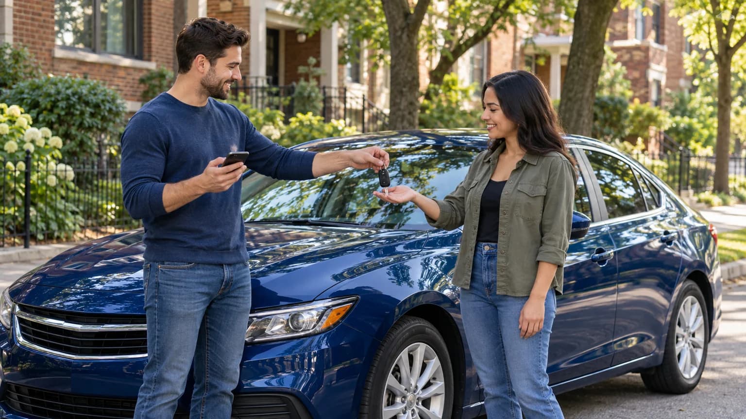 Buyer and seller completing an Illinois private-party used-car purchase