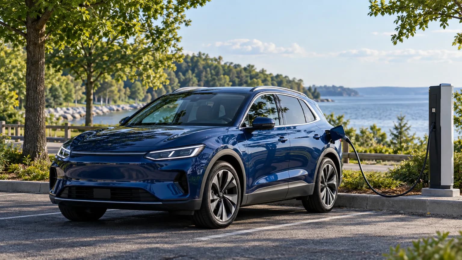 Blue electric vehicle connected to a charger in a Michigan lakeside setting