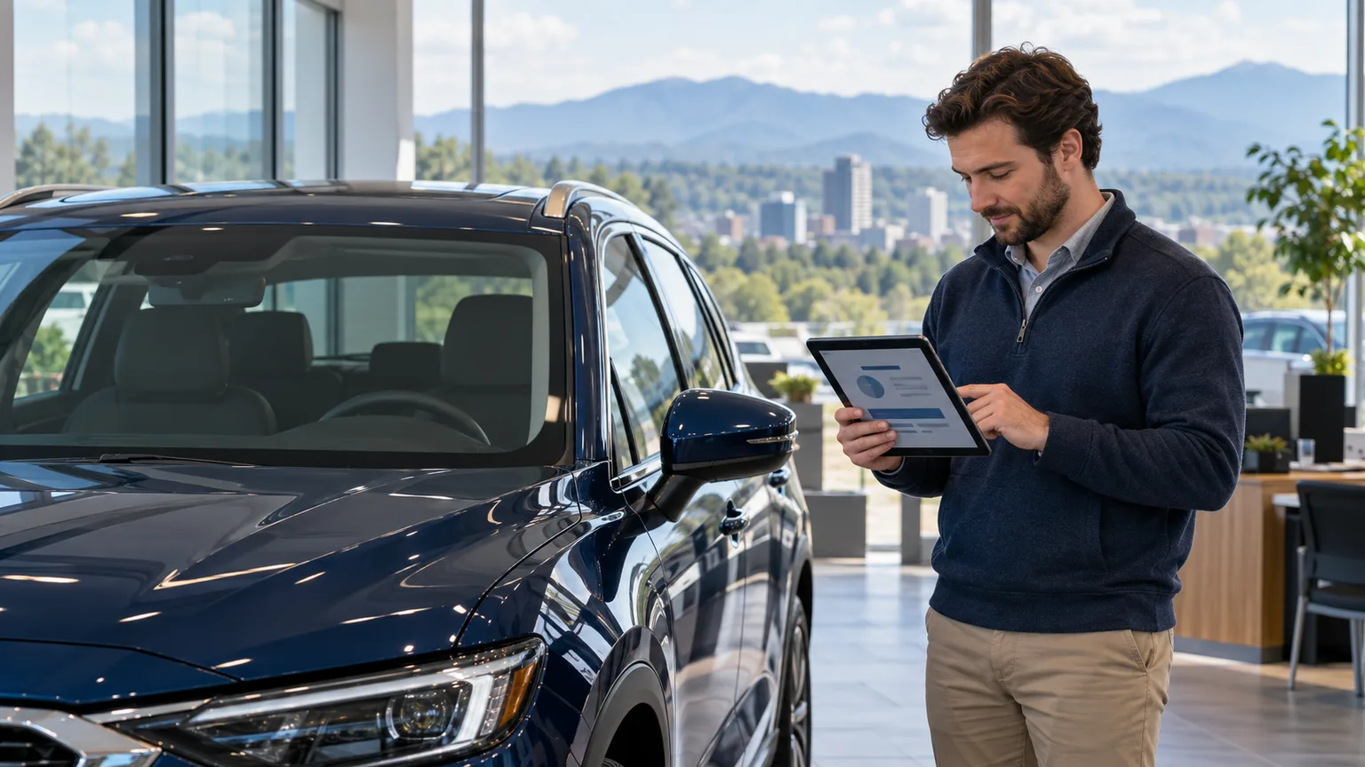 North Carolina buyer reviewing vehicle purchase costs beside a navy car