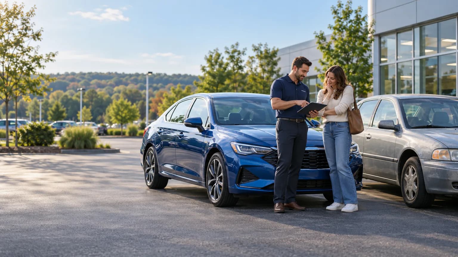 Ohio car buyer reviewing a purchase with a trade-in vehicle nearby