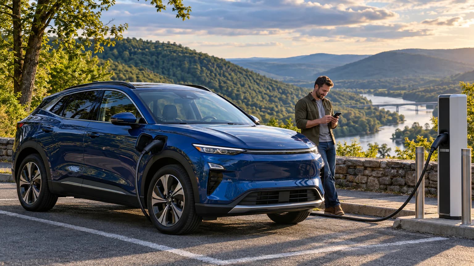 Blue electric vehicle charging beside a Pennsylvania river valley