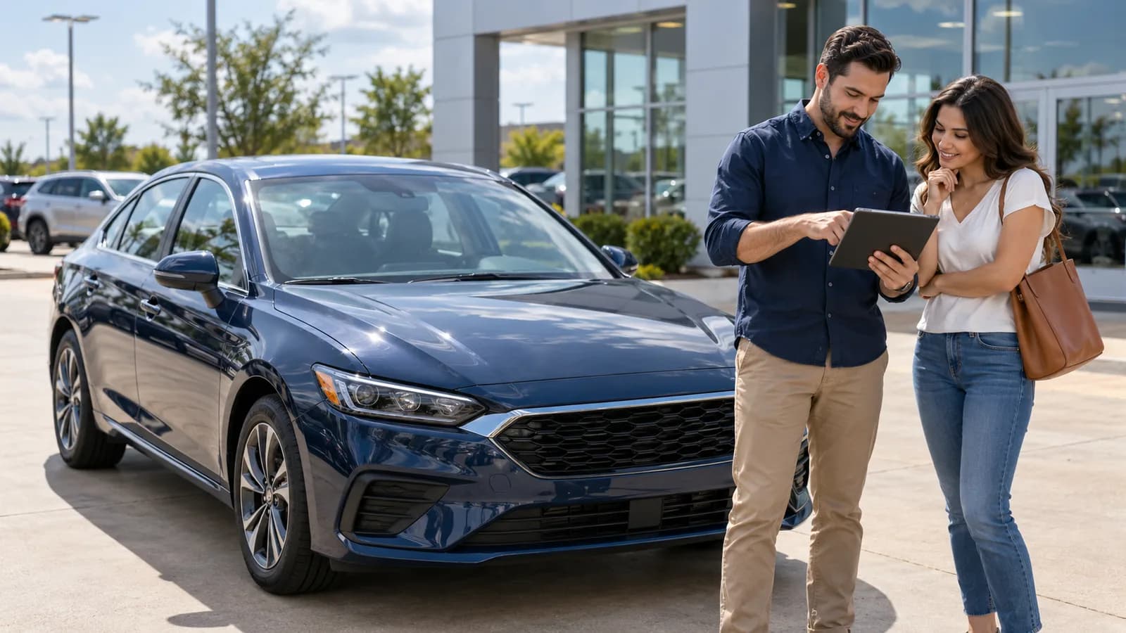Buyer reviewing a Texas vehicle tax estimate beside a blue sedan