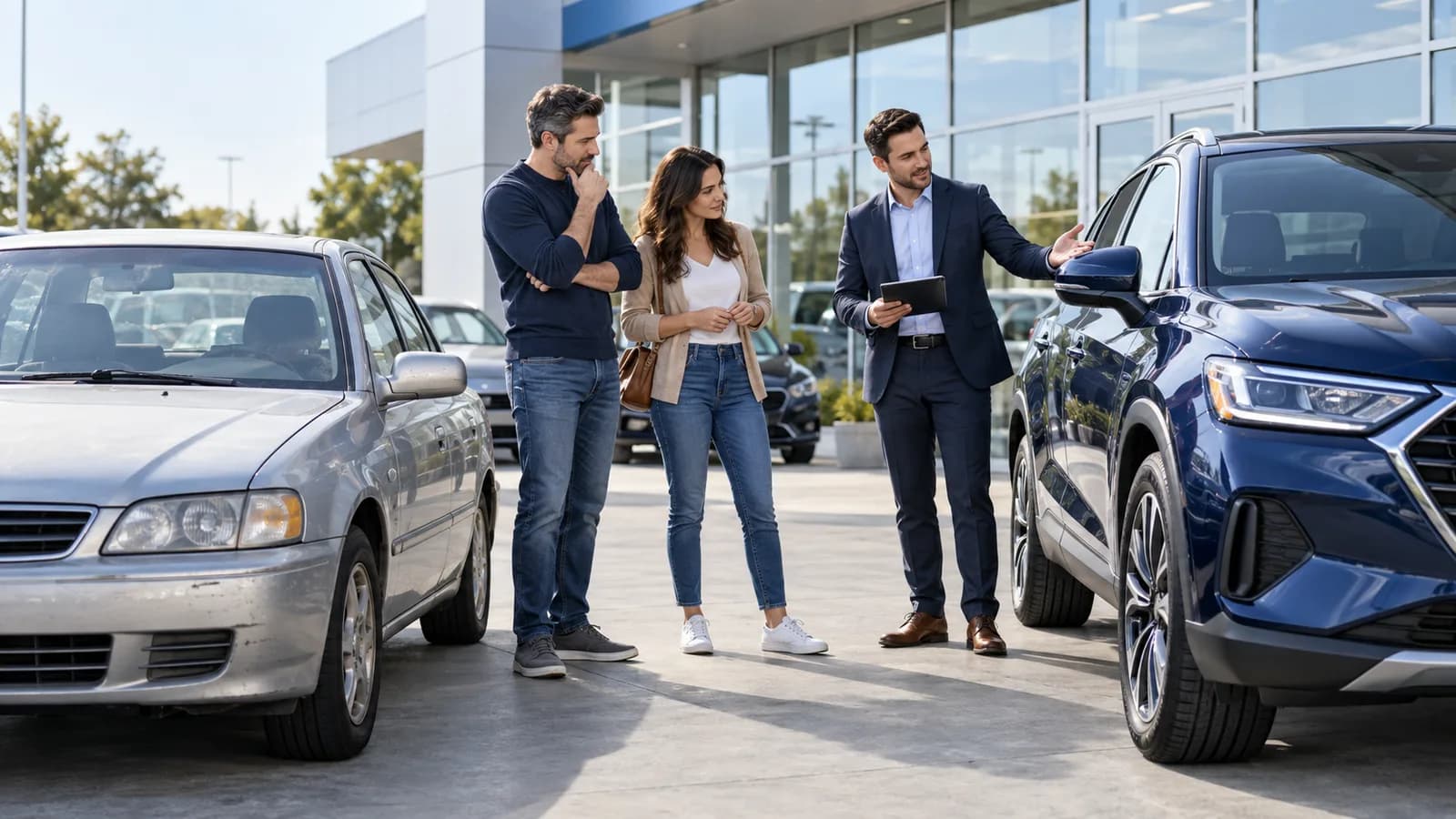 Buyer comparing an older trade-in with a newer vehicle